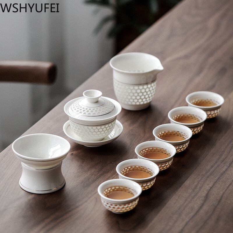 A set of white porcelain Tea set tea set home hollow hollow cellling tea set a whole set of household ceramic tea set