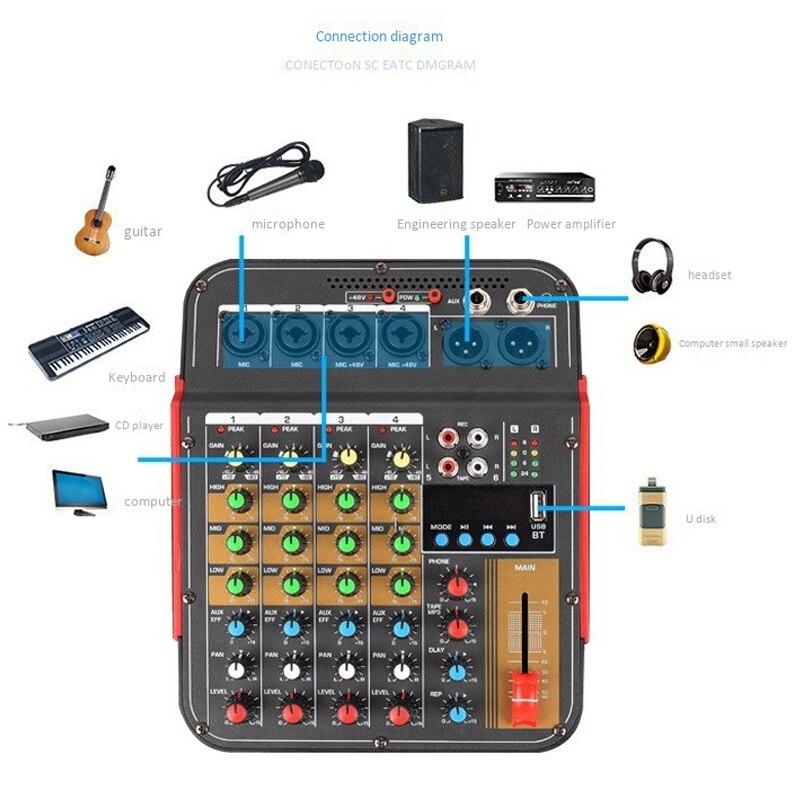 FX-4U 4-Channel USB Jack Portable o Sound Mixer Bluetooth o Sound Mixer(EU Plug)