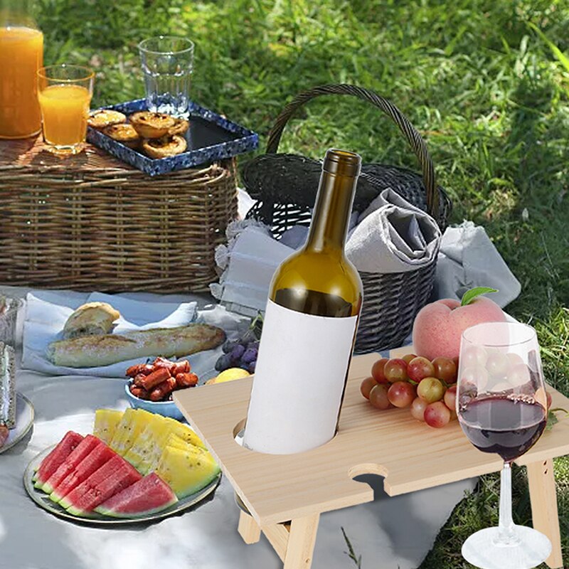 Portable Wooden Picnic Table Outdoor Folding Square Garden Wine Picnic Table Travel Outside Picnic Desk Holder Snack Food Tray
