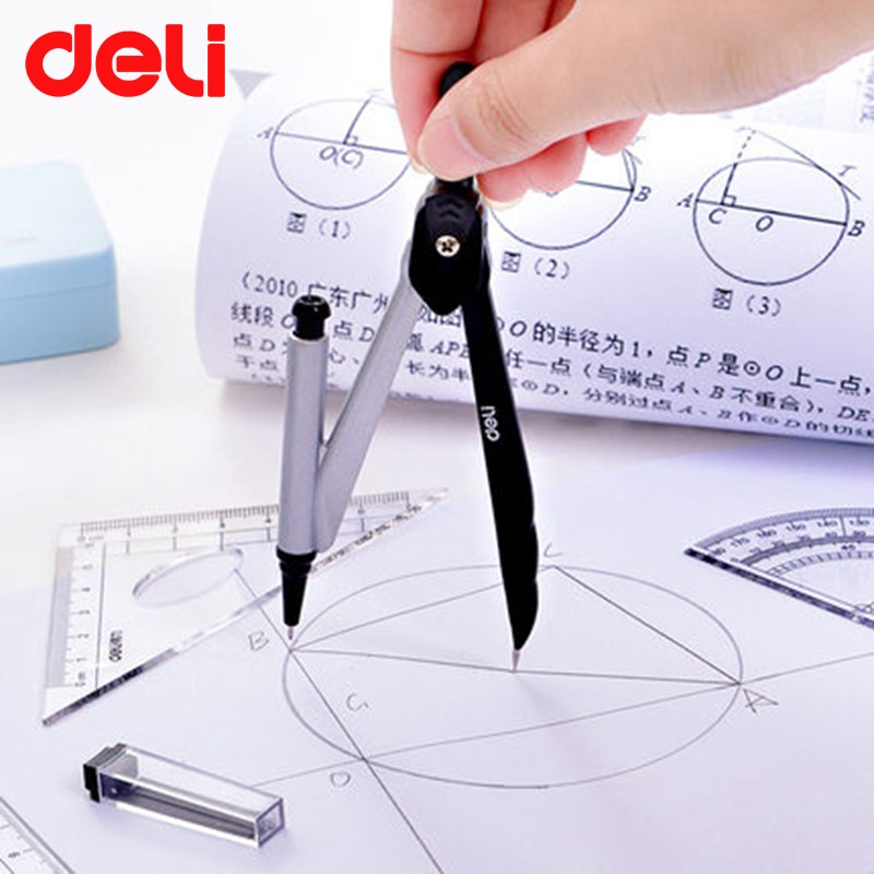 DELI – ensemble de géométrie boussole, 7/8 pièces, modèle de dessin de cercle, rapporteur de carrés en métal et plastique, règle de géométrie mathématique