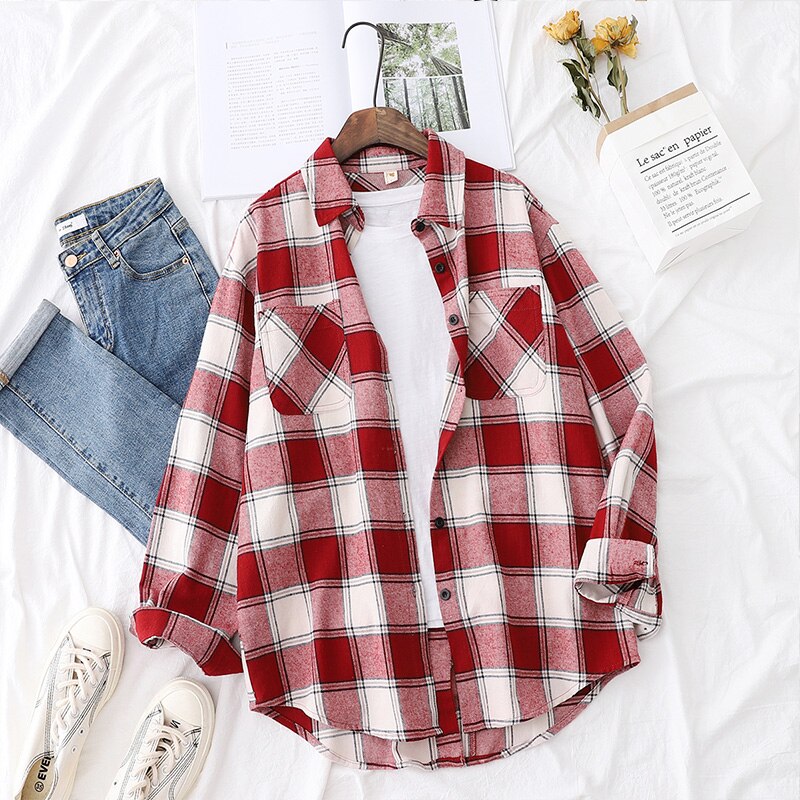 otoño Tops y Blusas para mujer mujeres camisa a cuadros de de estilo suelto blusa Casual de ropa de dama Blusas: Red / L
