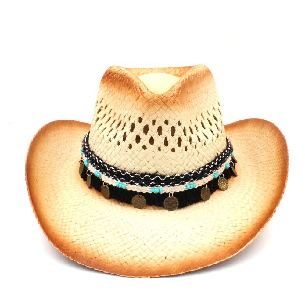 100%  dames heren western cowboyhoed met assel lint stro dame vader strand zon sombrero pet mesh cowgirl jazz hoed maat 58cm