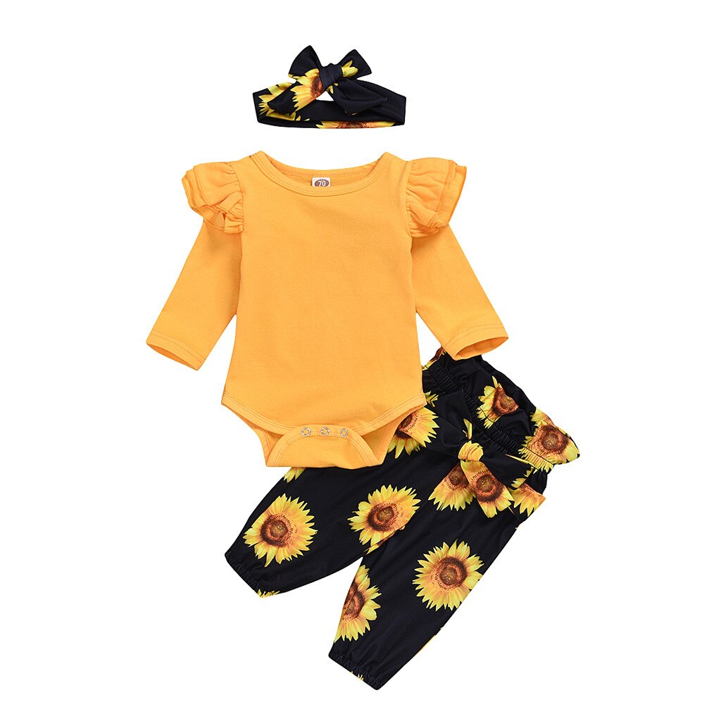 Del bambino Della Ragazza Set Bambino Manica Lunga Borsa Scoreggia Pagliaccetto Robe + Girasole Floreale Pants + Fascia Dei Capelli del Vestito Giallo vestiti детская одежда 5: 6m