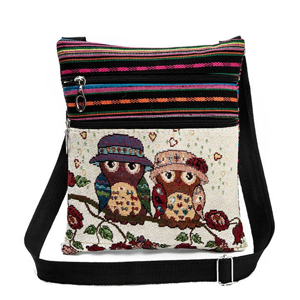 Vintage Frauen Kleine Taschen Cartoon Eule Druck Schulter Messenger Taschen Leinwand Nationalen Doppel-reißverschluss Mini Flap Bag Frau