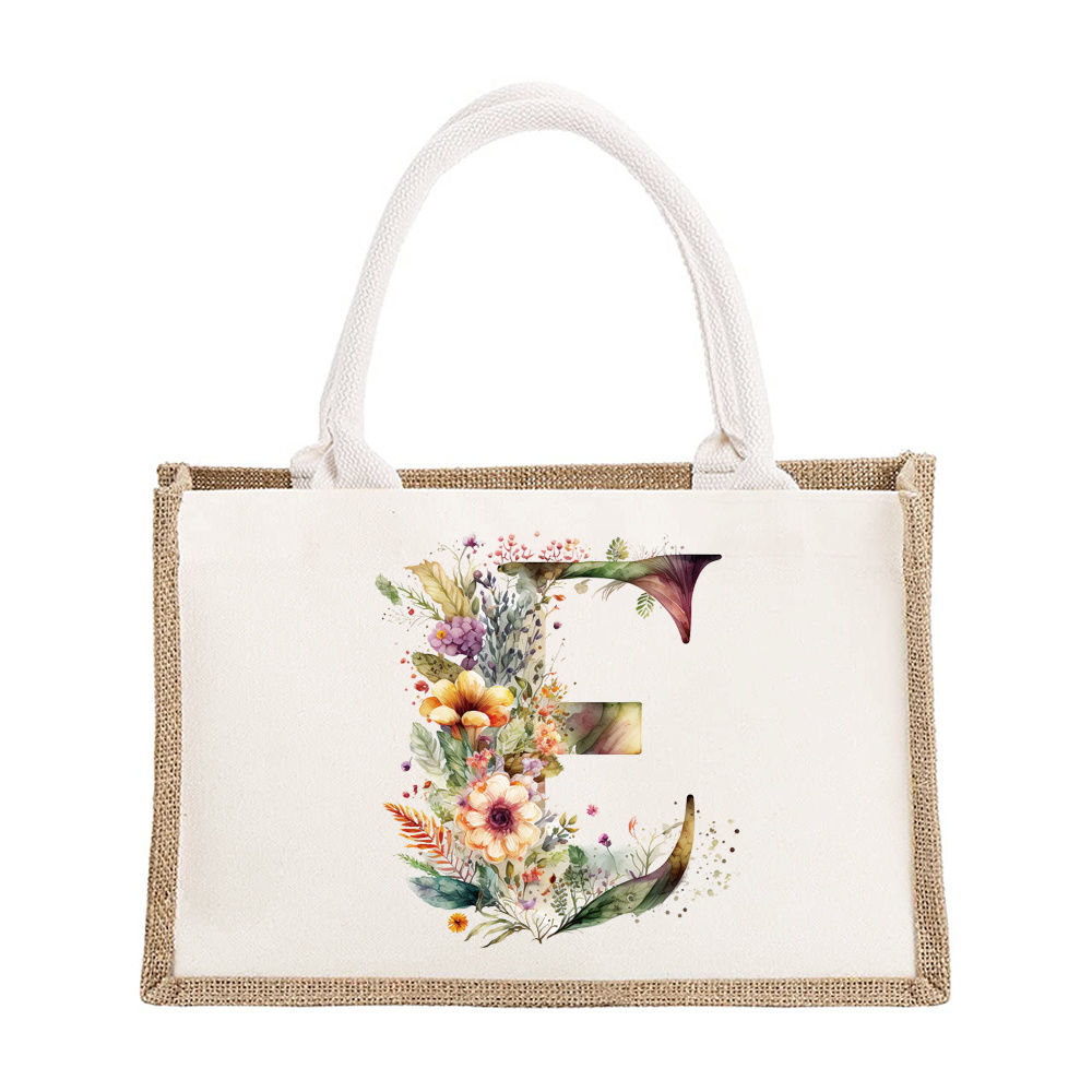 Sac à bandoulière en lin de grande capacité, sac de Shopping pour femmes, motif imprimé de lettres florales, sac d'imitation de Jute: Black