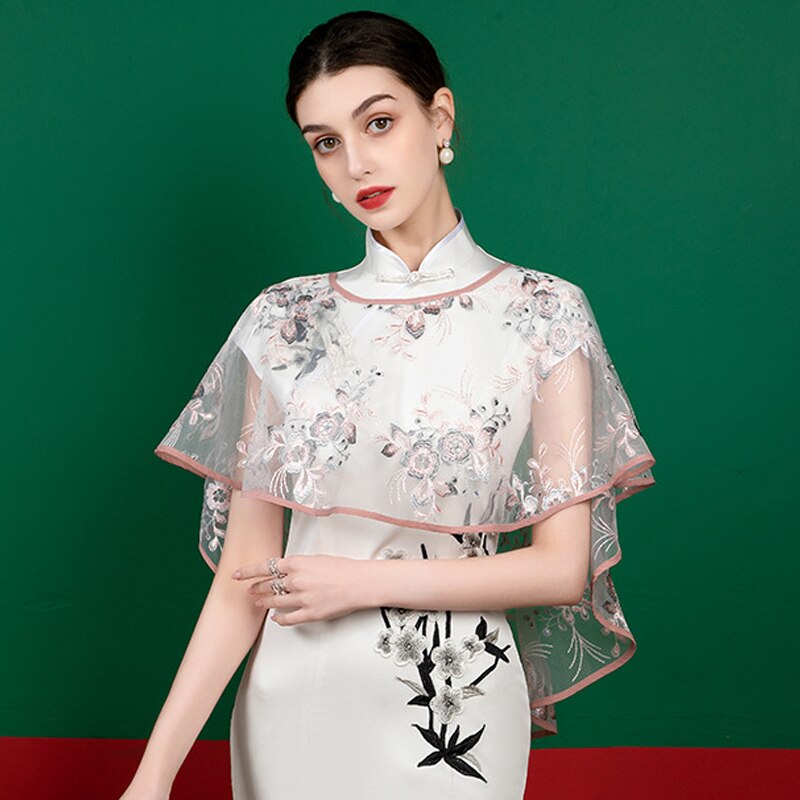 Embroidered Tulle Dress Paired with a Cape