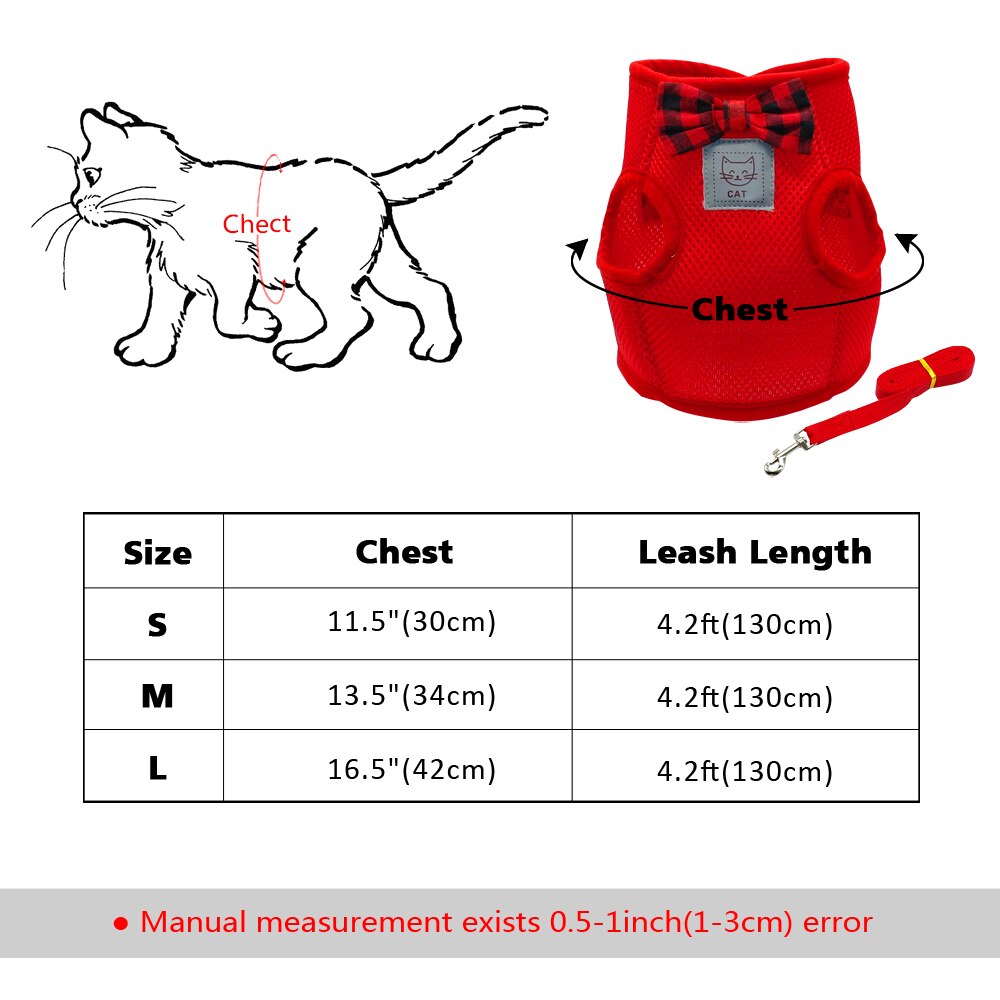 Mesh Bowtie Cat Harness and Leash Small Cat Walking Harness Pet Kitten Clothes Red Black