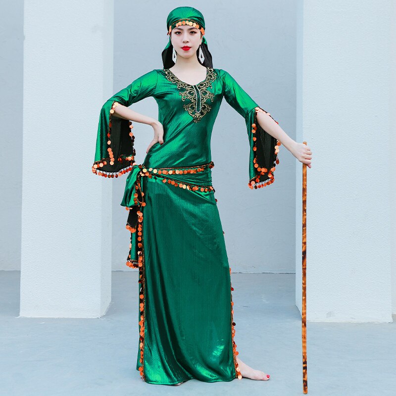Egyptian Belly Dance Costume Sequin Saidi Dress Baladi Galabeya Fallahi Abaya Stage Performance Show Wear 4 Piece Set: Green
