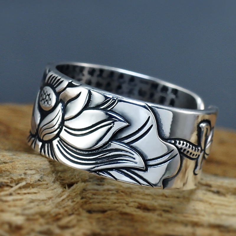 Balmora real 999 puro prata retro flor de lótus aberto empilhamento dedo anel para homens budismo sutra moda jóias