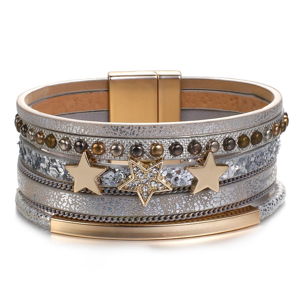 Flashbuy Trendy Gold Color Stars Leather Bracelet for Women Multilayer Wide Wrap Bangles Couple Jewelry: Light gray