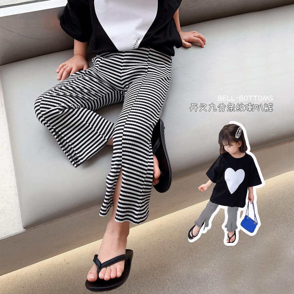 Barnbyxor Sommar Koreansk Flicka Baby Sommar Wide-leg Nio-punkts Byxor Randiga Bell Bottom Byxor