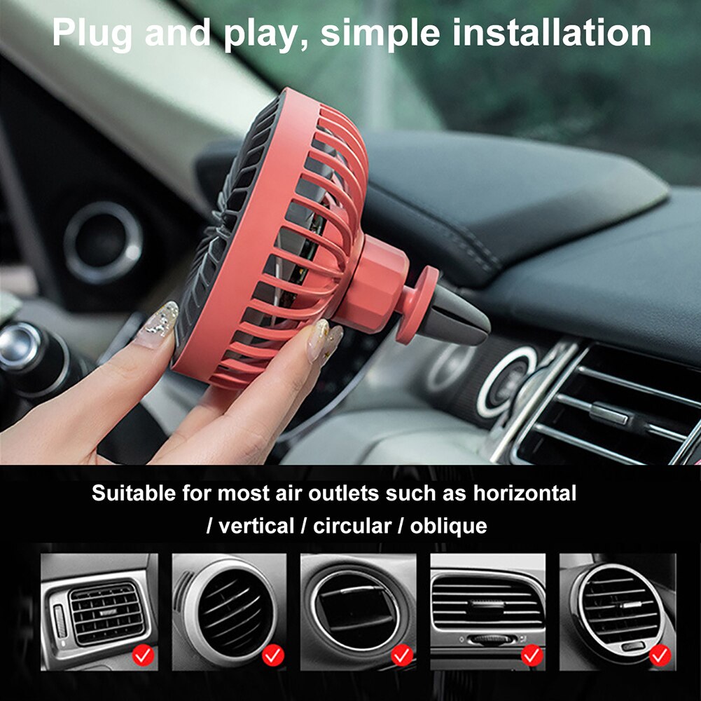 Ventilador giratorio de 360 grados para coche, luces LED de colores y potencia USB, ventilador de aire de refrigeración potente montado en la rejilla de ventilación