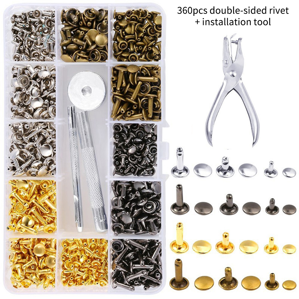 360Pcs 3 Sizes Leather Rivets Double Cap Rivet Tubular Metal Studs With 4 Fixing Set Tools For DIY Leather Craft