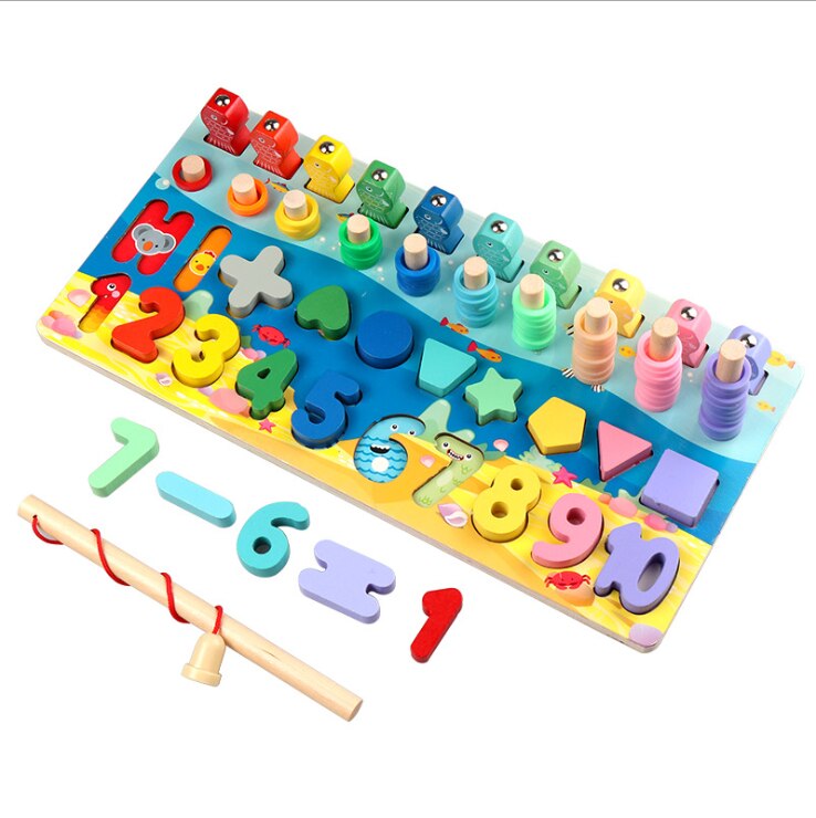 Montessori Giocattolo Di Legno 3D Alfabeto Colorato Puzzle Di Numero di Forma Geometrica Cognizione di Pesca Conteggio Giocattoli Educativi Per I Bambini: Black