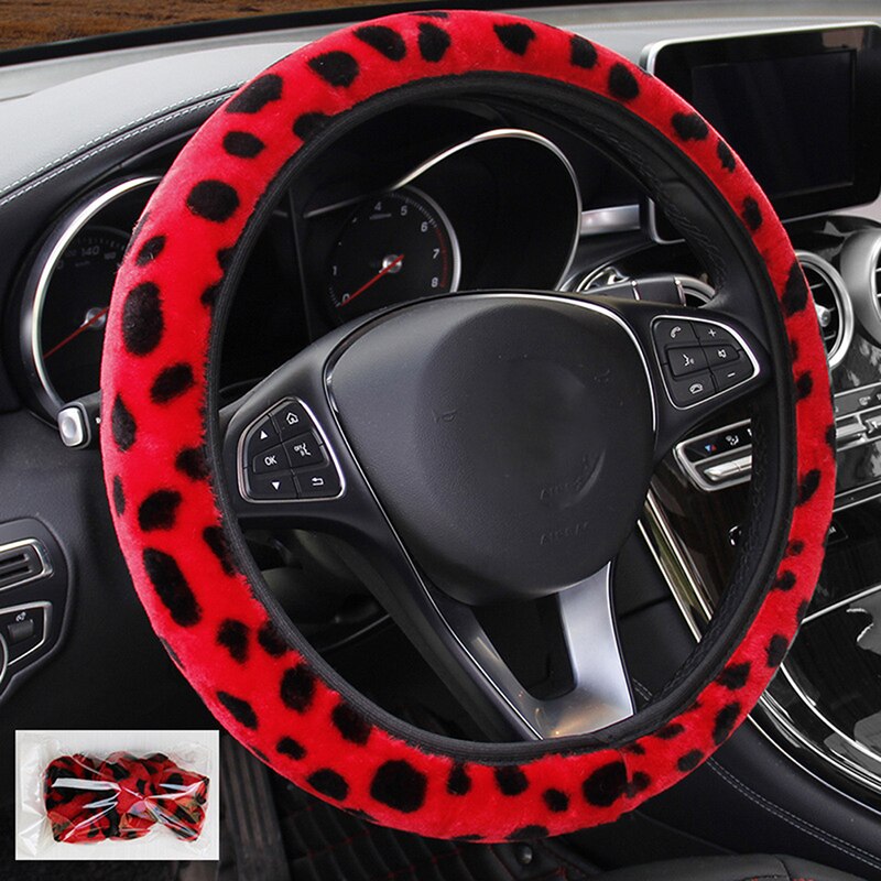 Léopard couverture de volant impression peluche Section élastique voiture volant tresse couverture Auto bricolage accessoires de voiture anti-dérapant doux: Red