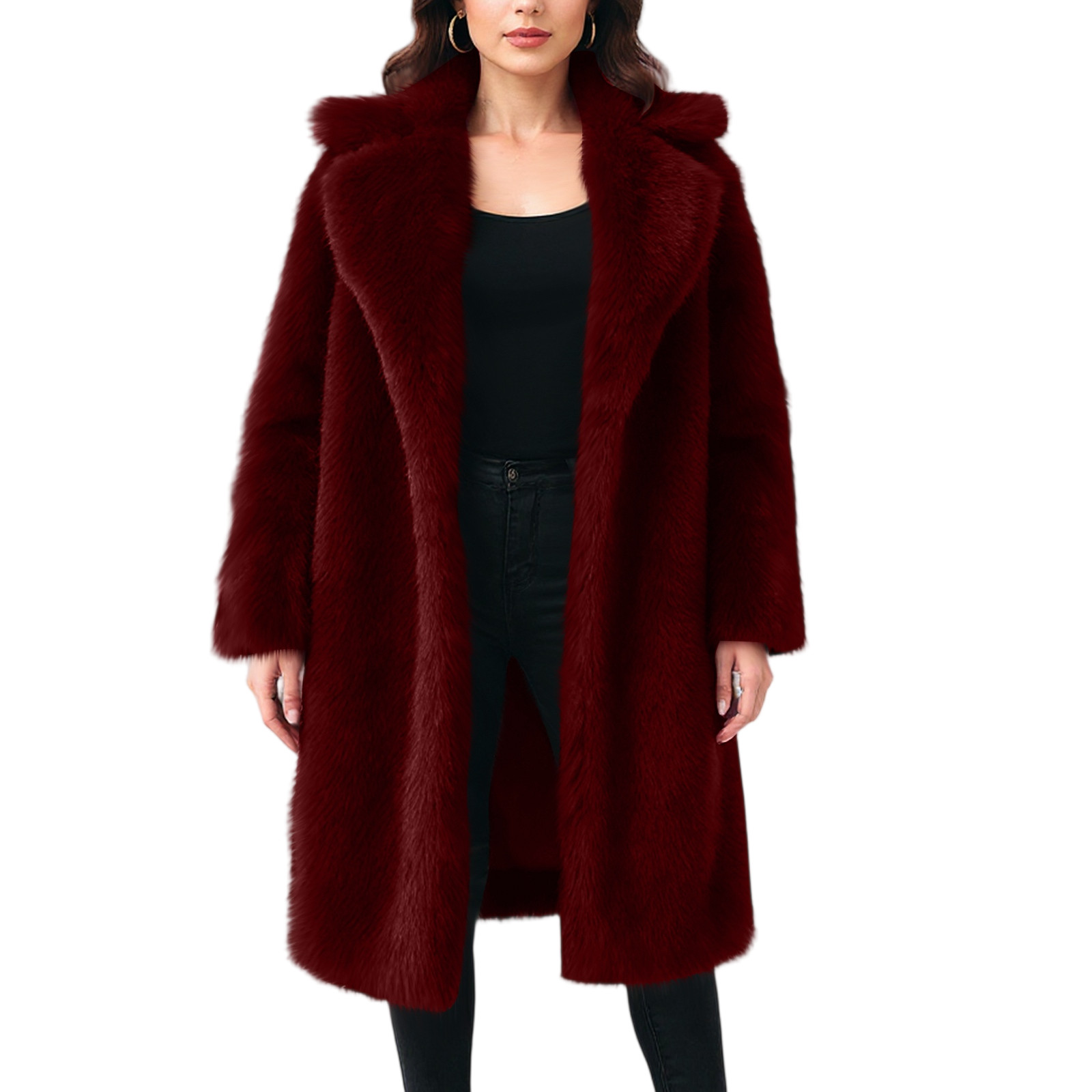 Women Fashionable Thermal Coat Simple Solid Color Long Sleeve Lapel Thicken Coat Female Winter Temperament Overcoat: XL / Burgundy