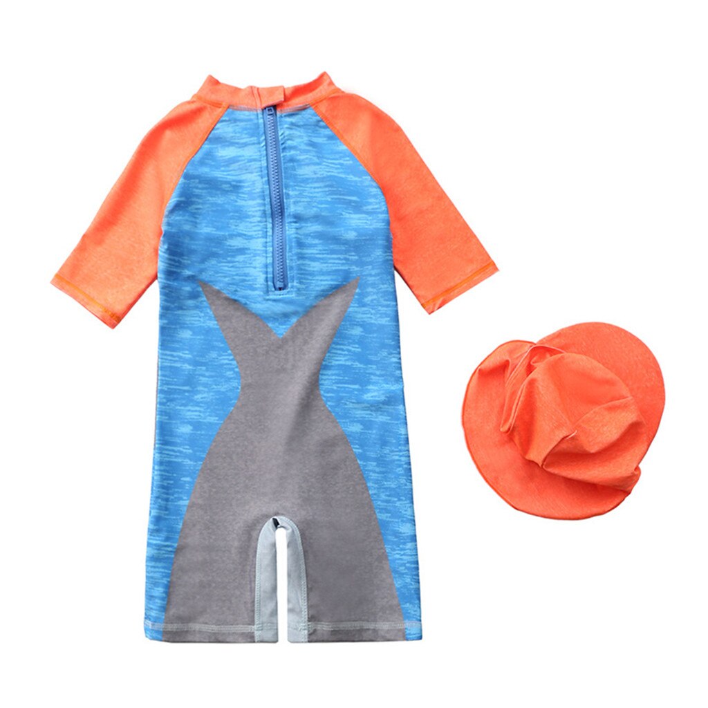 Swimsuit Child Summer Beachwear Cartoons Round Neck Girl Boy Long Sleeve Bathing Pool Beach Swimwear+Sun Protection Cap Outfit