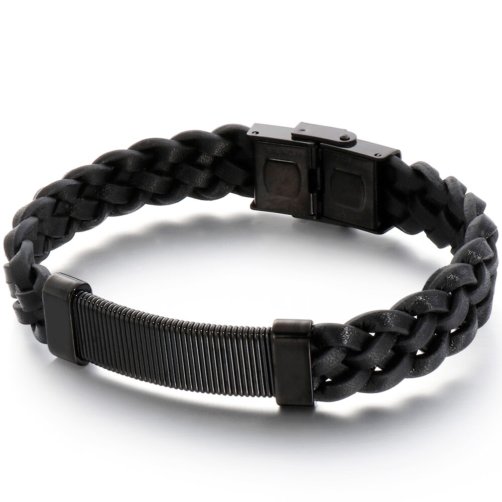 Vintage sieraden, gouden roestvrijstalen polsbandjes voor jongens, 13mm brede gevlochten leren armbanden voor mannen, zwarte armbanden