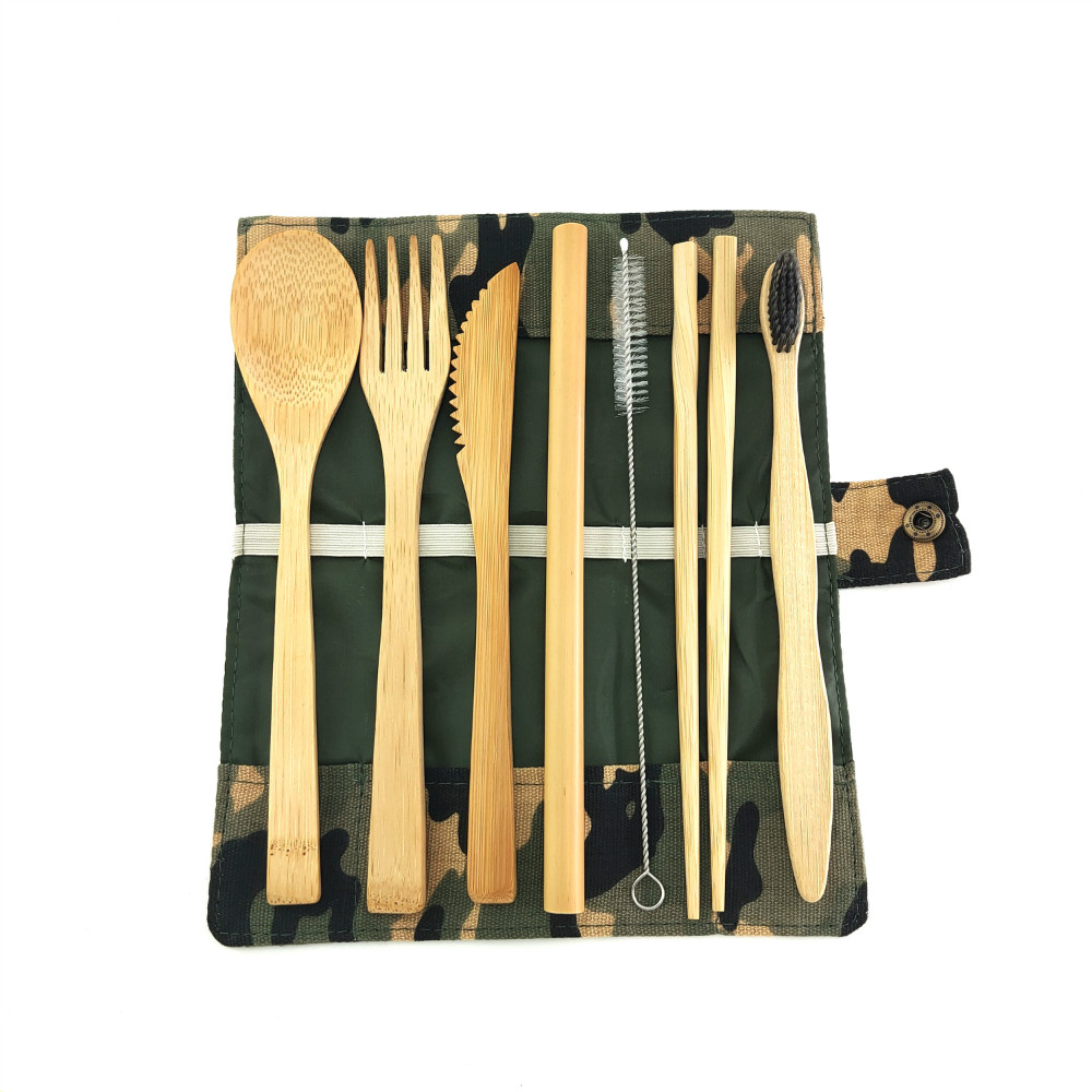 Eco Friendly Bamboo Cutlery Set of Wooden Utensils with Reusable Bamboo Spoon, Fork, Knife,and Reusable Straw Cleaner For Travel