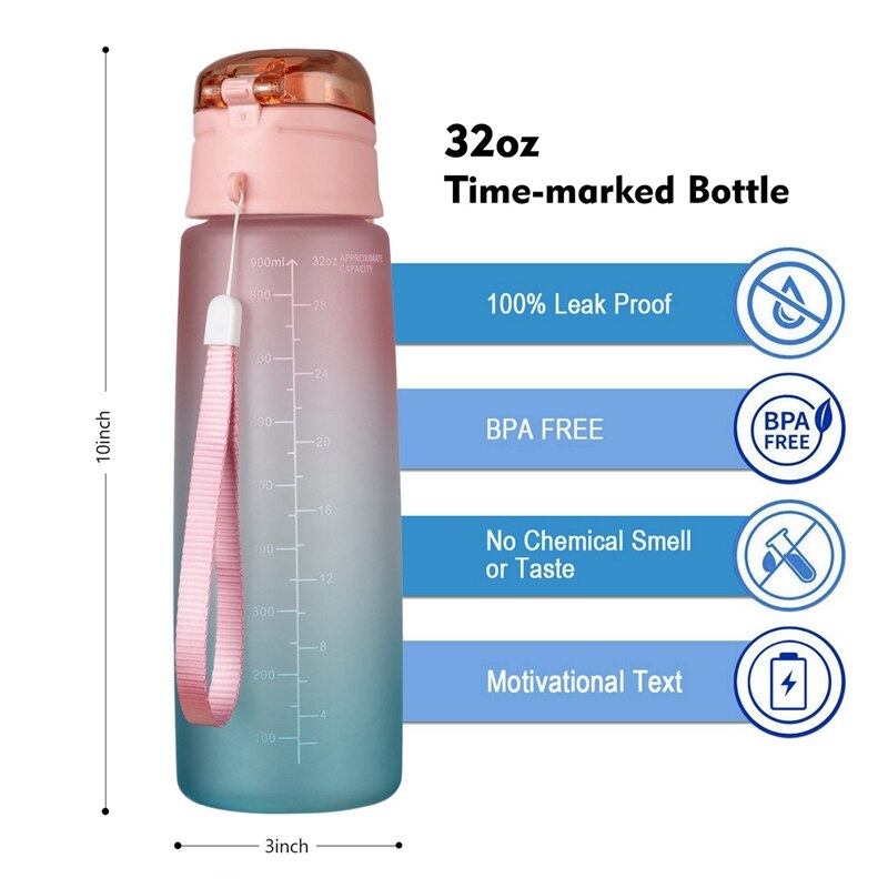 ELOS-32Oz Fitness Water Fles Met Tijd Marker Bpa Gratis Grote Capaciteit Water Jug Voor Gym Outdoor Office Werk Gradiënt