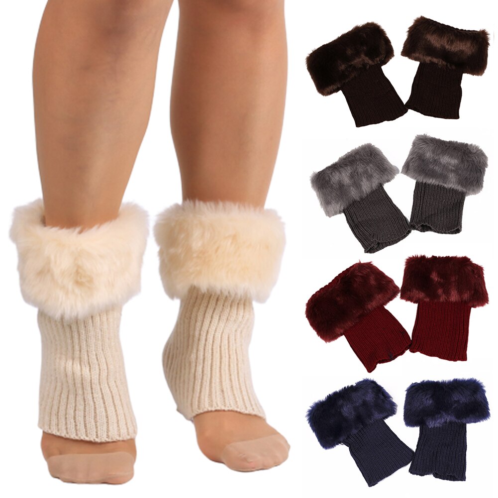 Winter Women Solid Color Faux Fur Cuff Crochet Knit Boots Sock Short Leg Warmers