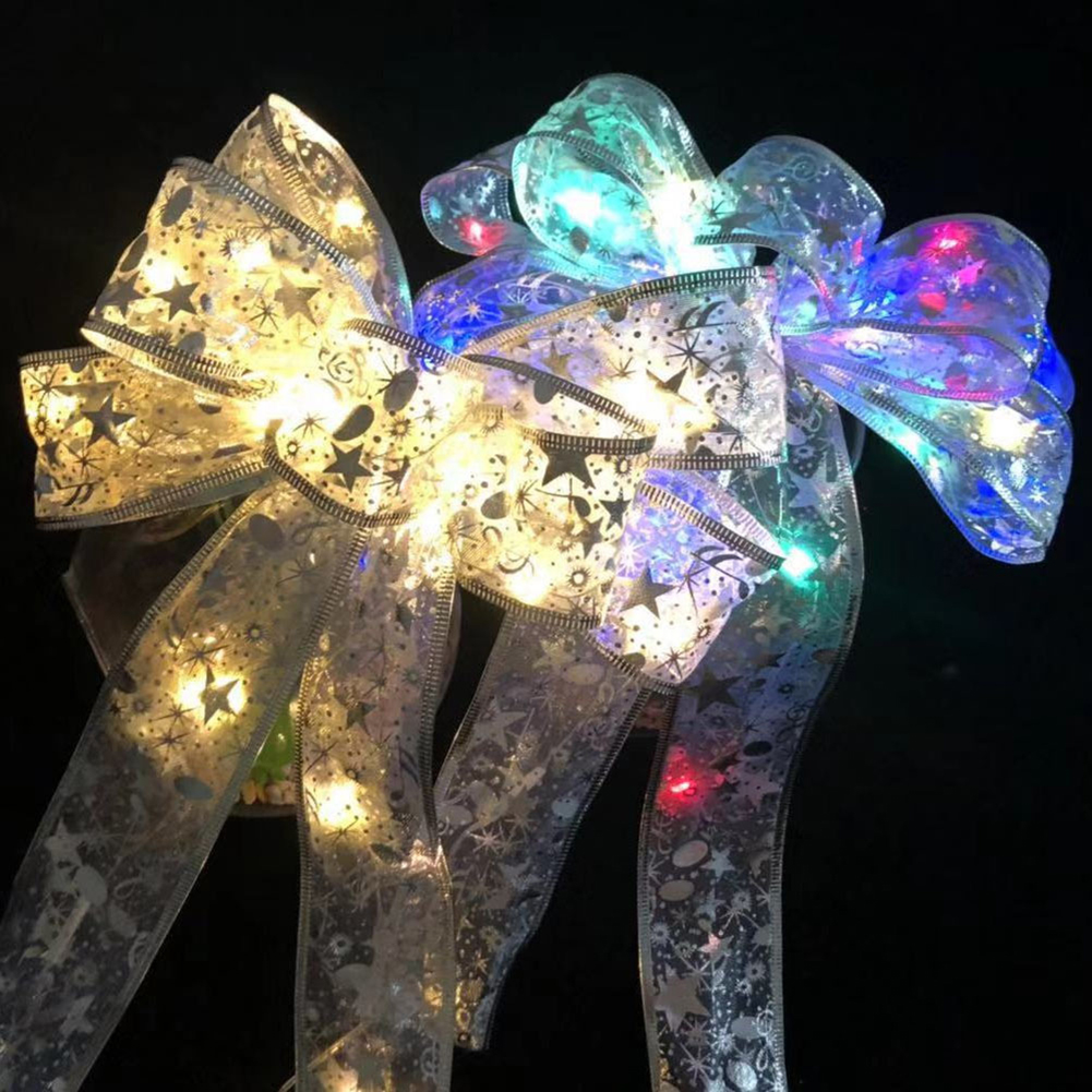Nœud papillon de noël imprimé brillant avec lumières LED, ornements d&#39;arbre de noël, nœuds de ruban, de noël, décoration nouvel an