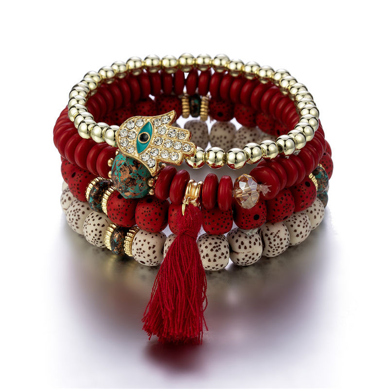 conjunto de pulsera con borlas de mal de ojo para mujer, abalorio de mano de Fátima de cristal, brazalete de cadena con cuentas de piedra, de joyería bohemia para mujer