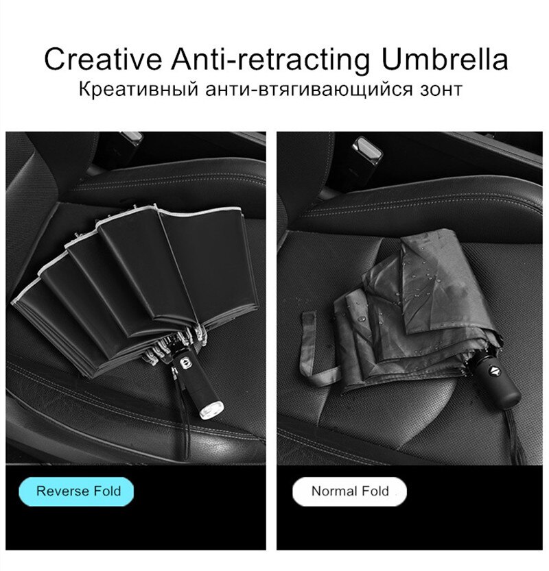 3- fold omvendt automatisk paraplyvogn klar paraply regn parasol til kvinder led lys reflekterende strimmel folde solrig paraply