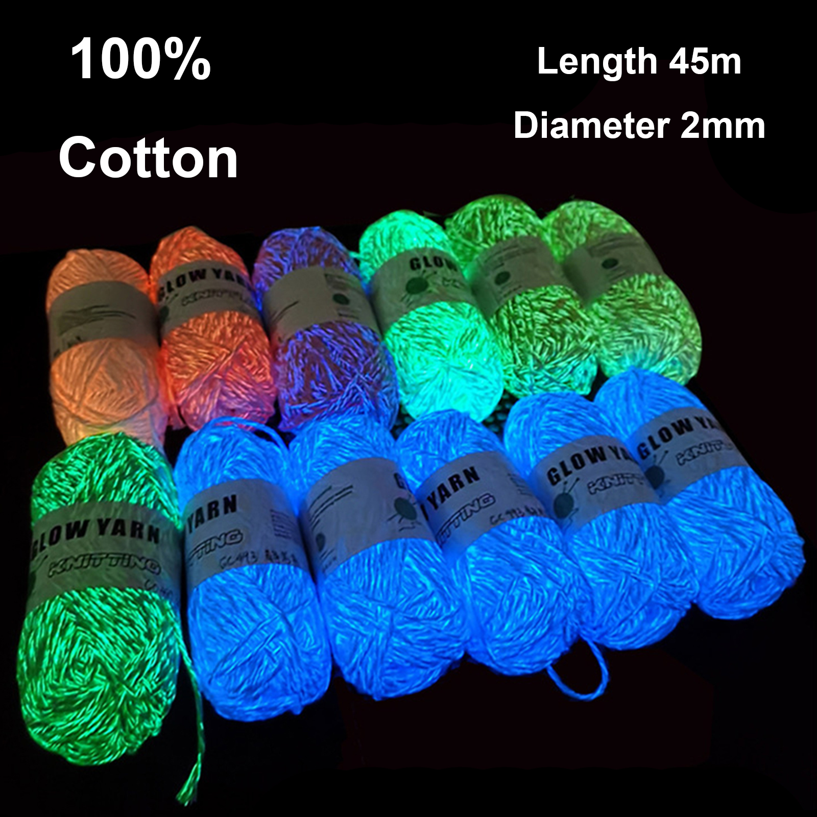1 unidad de 50g de hilo de algodón puro que brilla en la oscuridad, 100% hilo de algodón que brilla en la oscuridad, muñeca DIY de 2mm y 45 metros