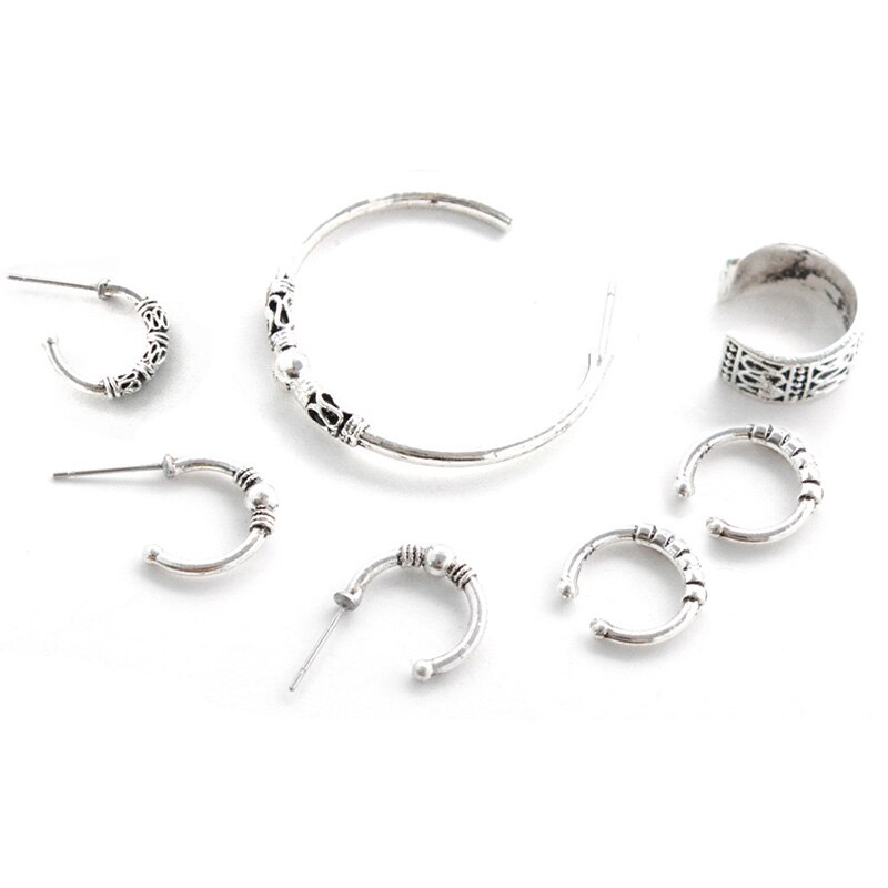 7 Stks/set Europese Vintage Metalen Kleur Eindeloze Oorbellen Cirkel Handgemaakte Midden Hoop Earring Bali Wrap Voor Vrouwen Mode-sieraden