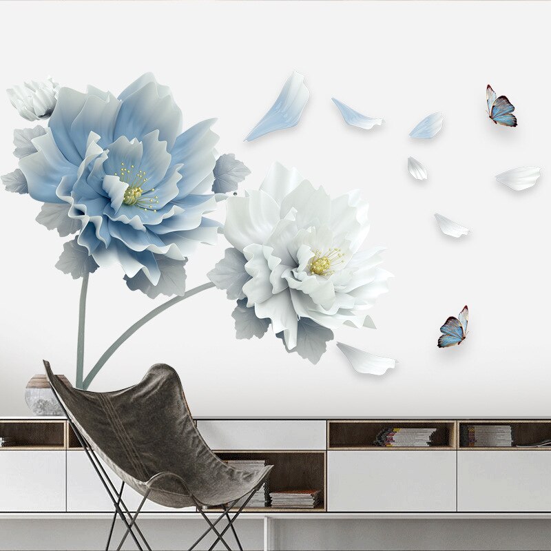 Grote Witte Blauwe Bloemen Muurstickers Lotus Vlinders Verwijderbare 3D Muurdecoraties Muurschildering Woonkamer Slaapkamer Decor