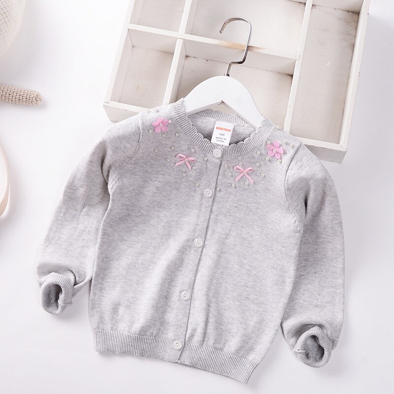 Children Knitted Cardigan Girls Sweater 2022 Spring Summer O-Neck Baby Sweaters Kids Clothes Toddler Coat 2-7y Pearls: Gray / 3T