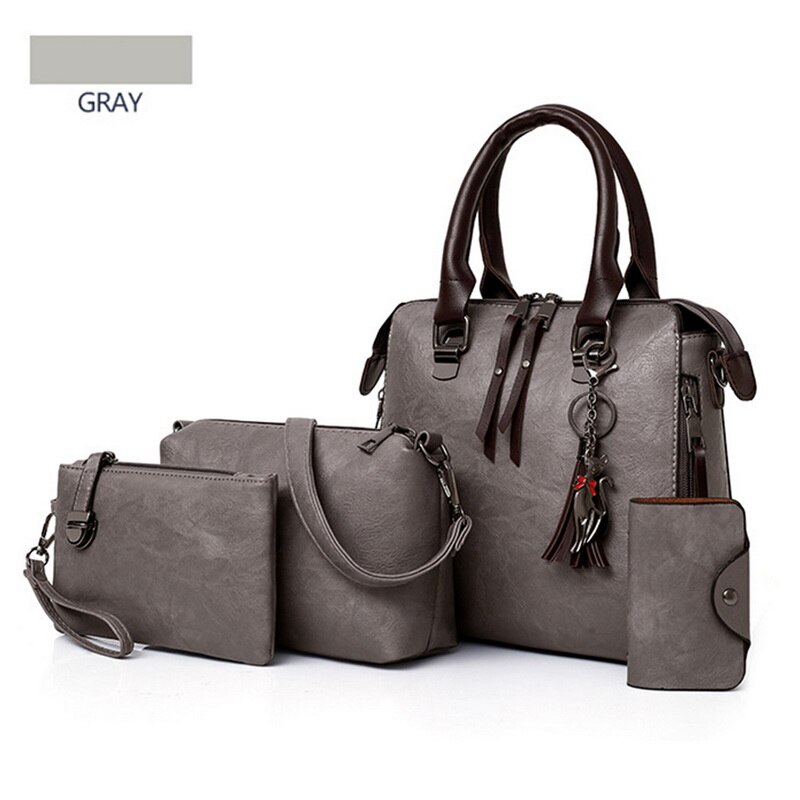 4 pièces femmes pierre motif sac à main + sac à bandoulière + pochette + carte paquet sac a main femme de luxe cuir: gray