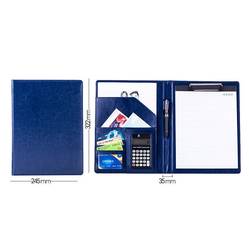Carpeta de archivos A4 de cuero PU multifunción, calculadora, organizador de escritorio, accesorios de oficina, administrador, almohadilla para documentos, maletín, bolsa Padfolio