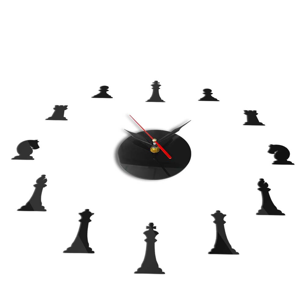 Chess Game DIY Giant Wall Clock King Bishop Knight Pawn Parlor Watch Acrylic Mirror Effect Chessman Chess Player Saat