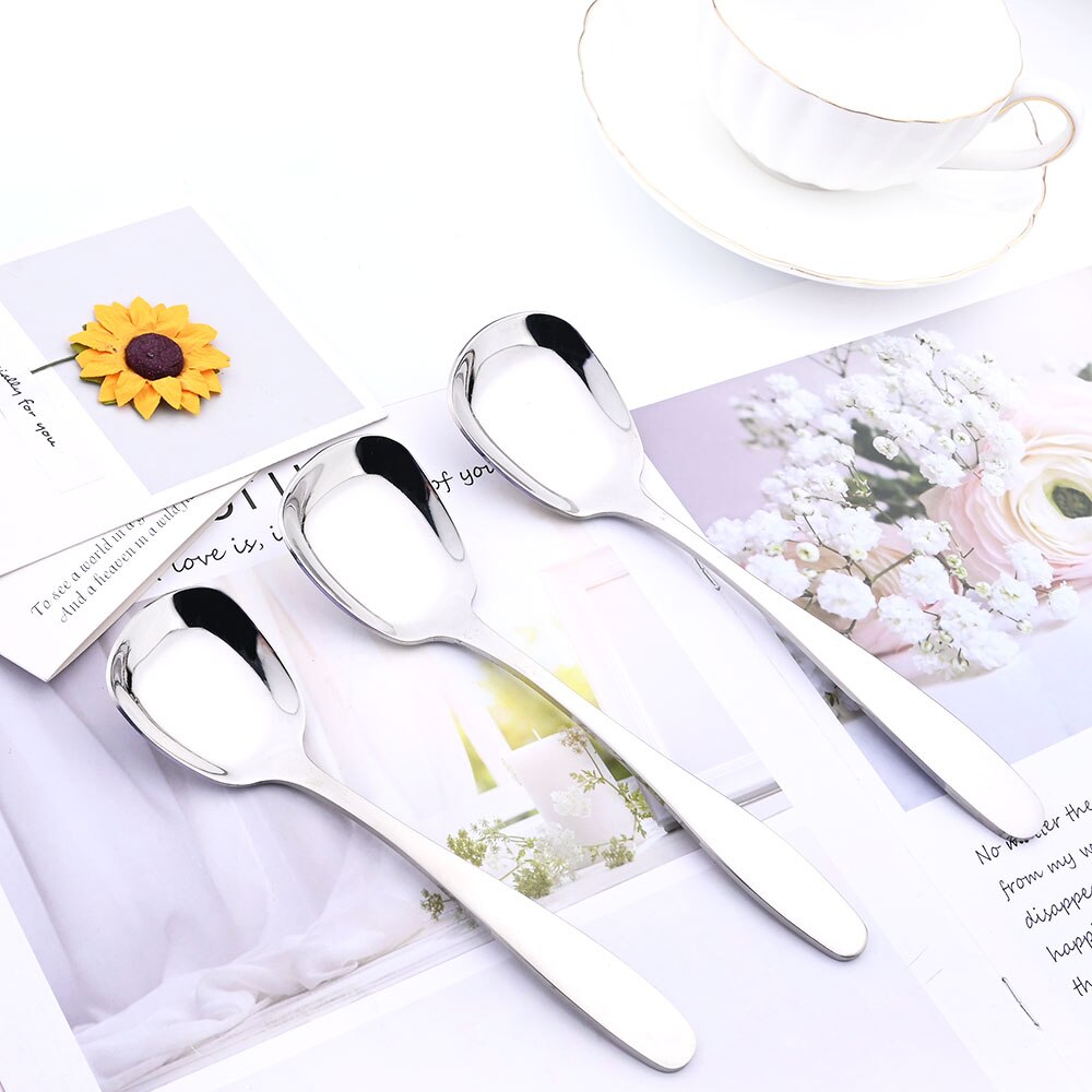 3Pcs Cutlery Stainless Steel Set Plat Bottom Square Dinner Spoons Dinnerware Child Ice Cream Dessert Salad Spoons Silverware Set