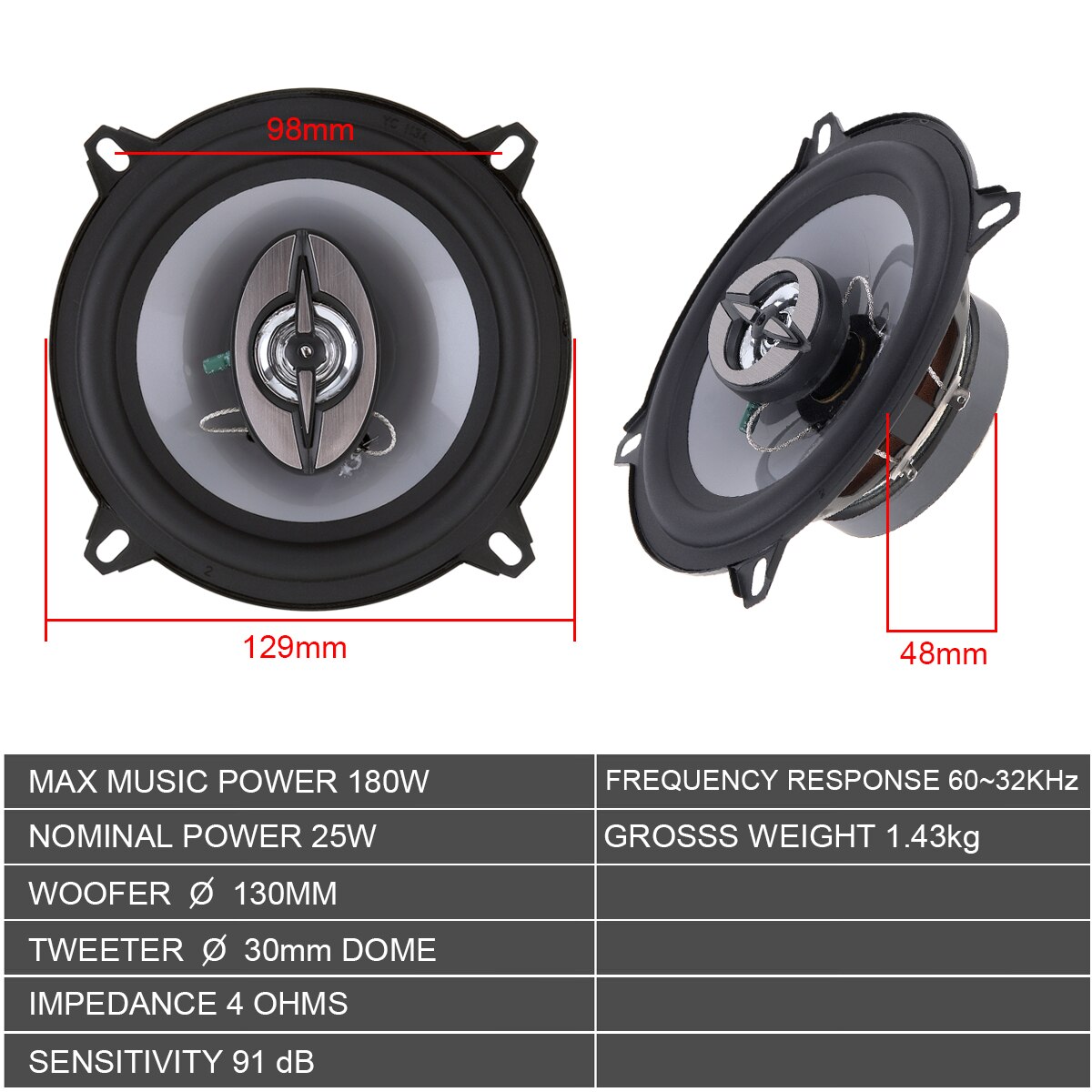 2pcs 5 Inch Car Coaxial Spaeker 13cm 180W 2 Way Auto Music Stereo Full Range Frequency Hifi Speaker Lound Speaker Loundspeaker