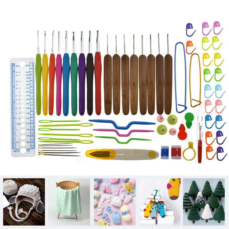 Ensemble de crochets avec étui bleu, 66 pièces, aiguilles à tricoter, ensemble complet, jauge de tricot, support de point de ciseaux, outils de bricolage