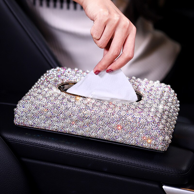 Luksus perler bil vævskasse krystal diamant blok type vævskasser holder til kvinder papirhåndklæde dækning sag bil styling