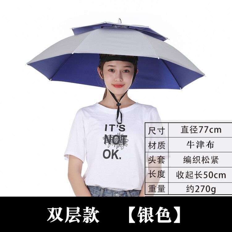 Hands-free Folding Cap Umbrella 77cm Double-layer Windproof Head-worn Umbrella Outdoor Sun Protection UV Protection Umbrella: Silver Color