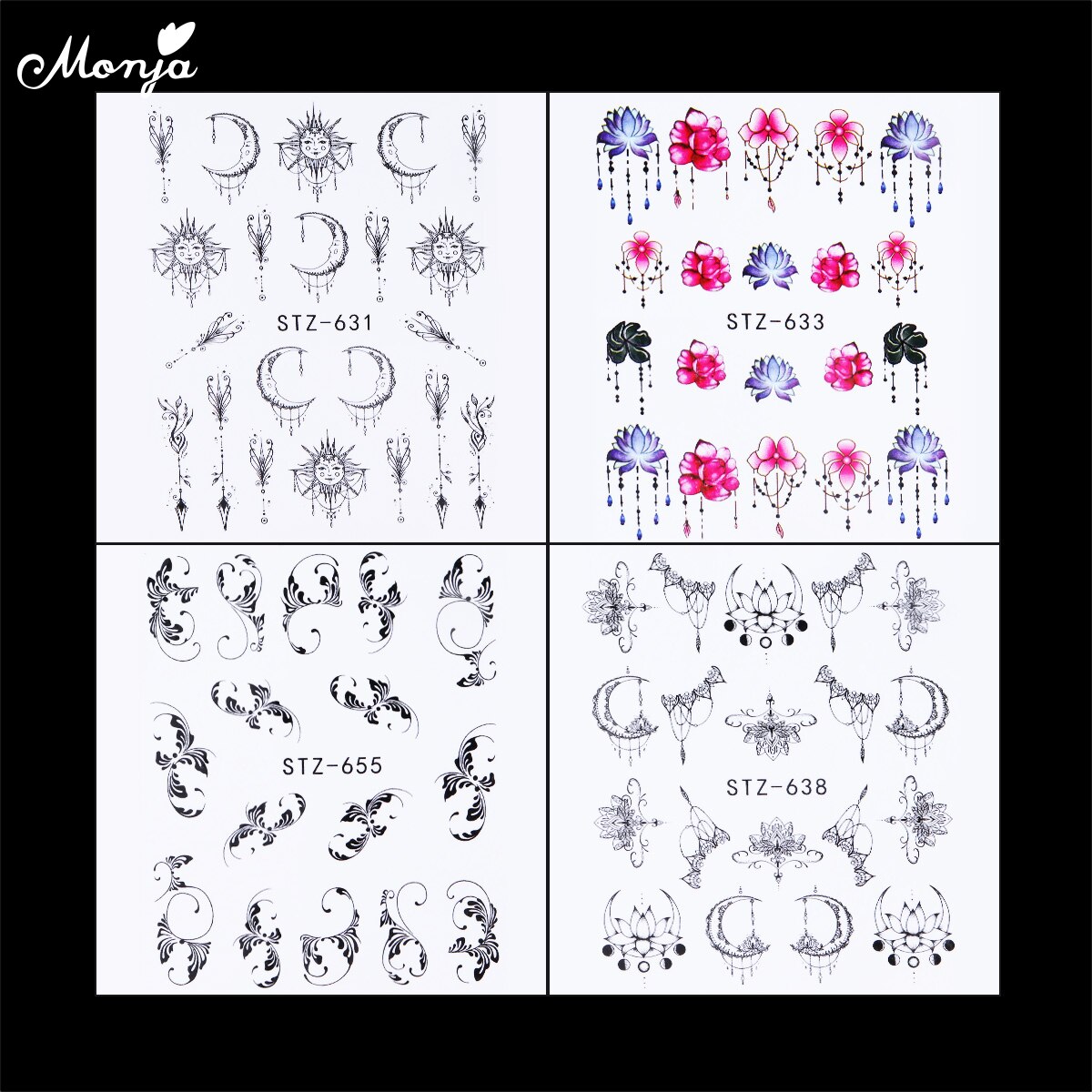 Monja 24 Pcs Nail Art Black Dream Catcher Bloem Afbeelding Gemengde Stijl Water Transfer Stickers Watermerk Decals Tips Diy Decoraties