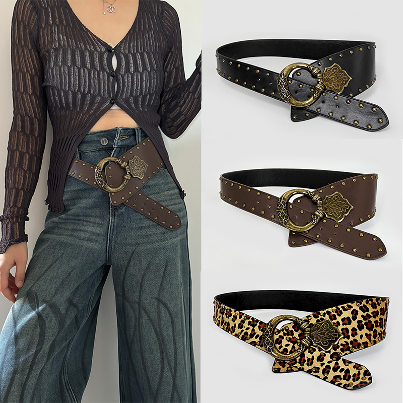 Corsé de vaquera occidental para mujer, cinturón Punk gótico decorativo de leopardo salvaje, cinturón ancho con remaches retro para mujer