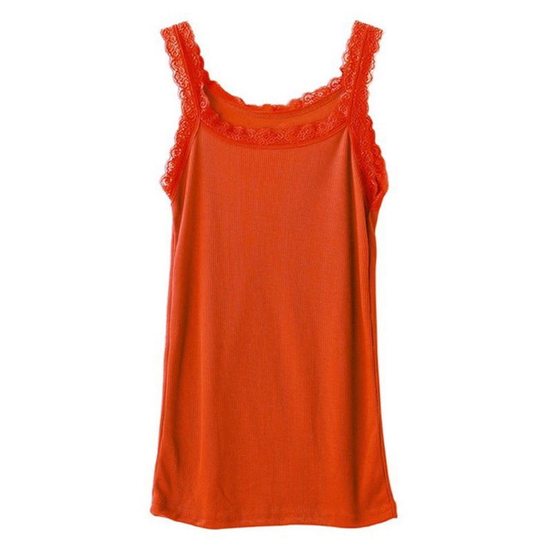 Vrouwen Zomer Mouwloze Tank Solid Candy Kleur Basic Hemdje Bloemen Kant Trim Geribbelde Gebreide Casual Ondergoed Slanke Vest: Orange