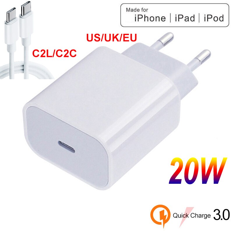 Quick Charge 3.0 QC PD charger 20W QC3.0 US/EU/UK plug USB Type C fast charger, suitable for iPhone 12, for Huawei PD charger