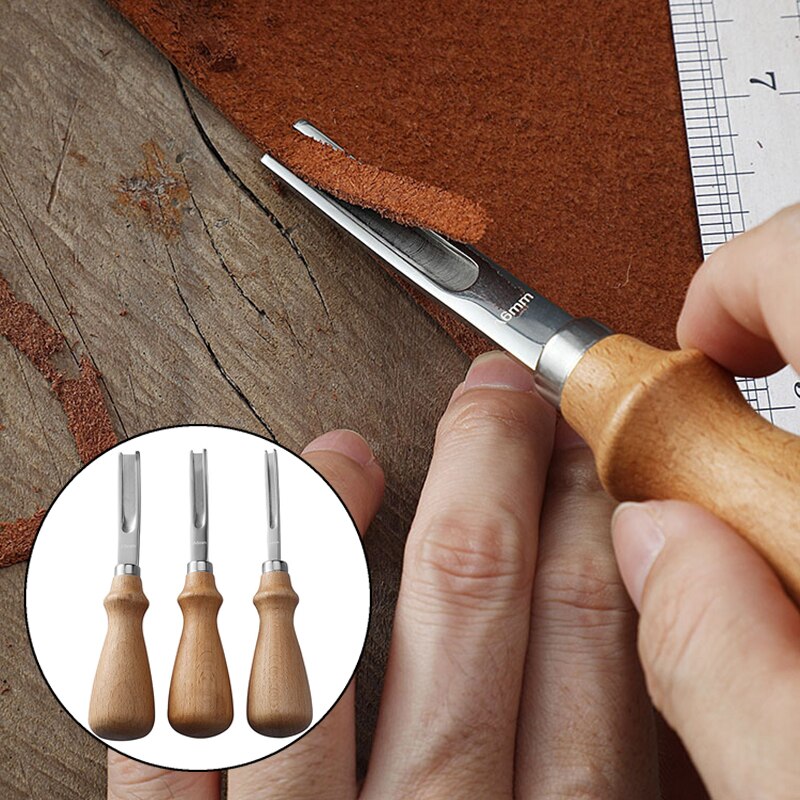 Cuchillo biselador para tallado de cuero, herramienta de corte Manual para cortar bordes, mango de madera, 3 tamaños