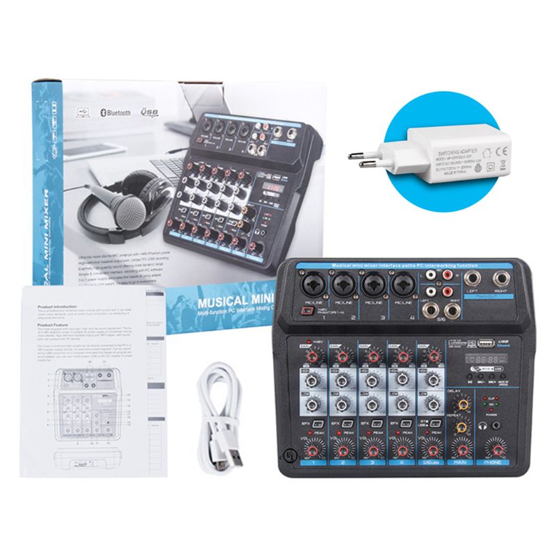 Professionele Zes-Kanaals Audio Mixer Met Usb Interface Bluetooth-Compatibel 48V Phantom Power Sound Mixing Console Voor dj Pc Re: EU