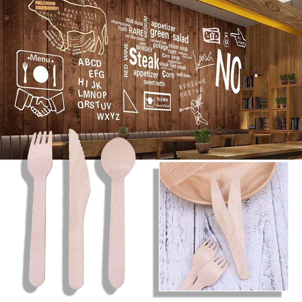 100/150/200 Stuks Houten Vorken Lepels Cutters Wegwerp Houten Bestek Keukengerei Servies Voor Diner Barbecue