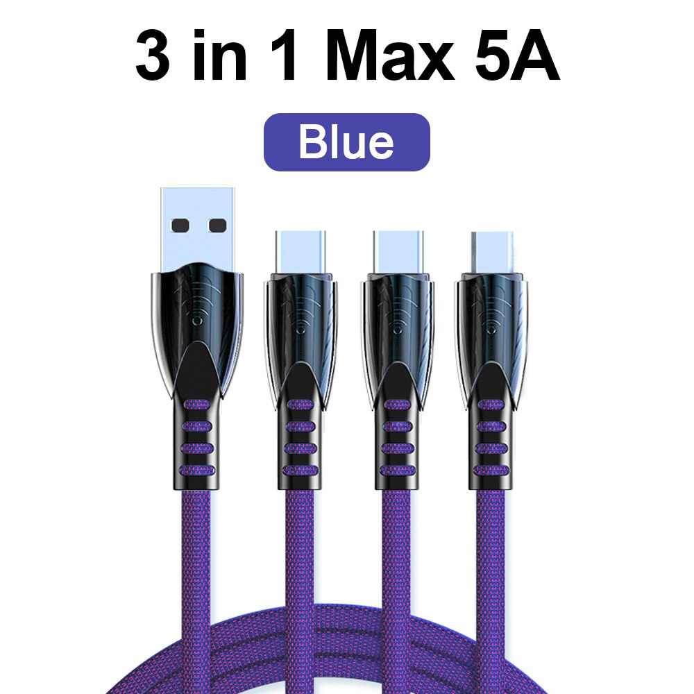 Grma 3 in 1 5A Charger USB Cable for iPhone Samsung Xiaomi Phone Aviation Alloy Head 3in1 Fast Charging Micro USB Type C Cable: Blue  5A / 1.2m