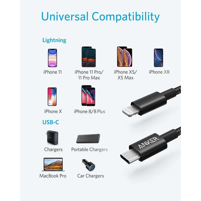 USB C to Lightning Cable, Anker Nylon USB-C to Lightning Charging Cord for iPhone 11 Pro/X/XS/XR / 8 Plus/AirPods Pro 3.3ft