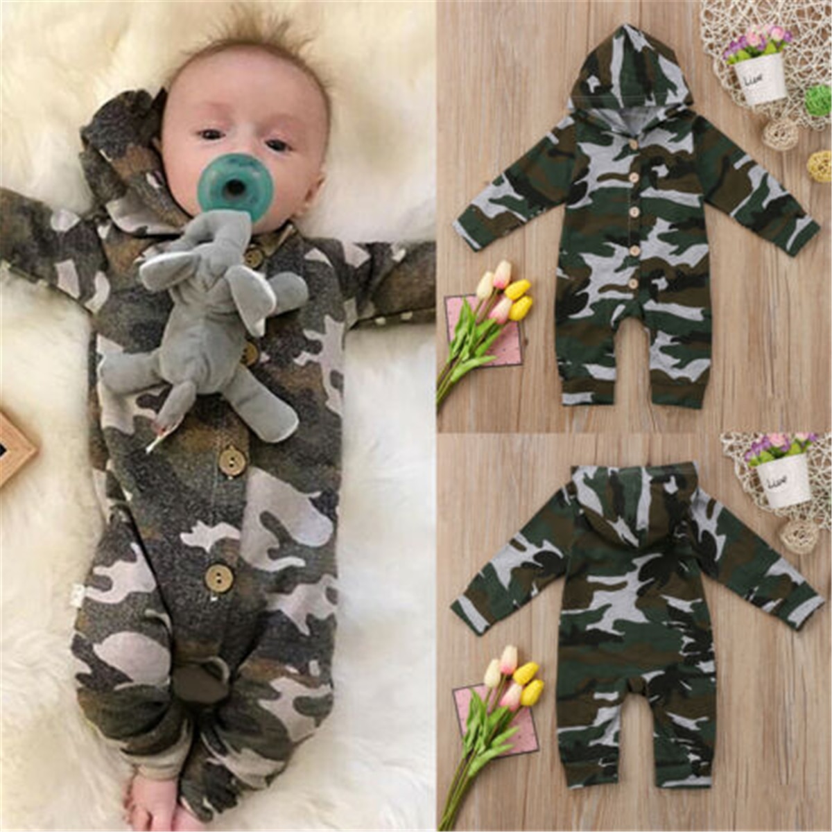 Emmababy Jongen Meisje Camouflage Hooded Romper Mode Jumpsuit Baby Kid Playsuit Outfit Kleding Voor Unisex